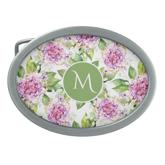 Monogram Pretty Purple Green Watercolor Floral Belt Buckle (Front)