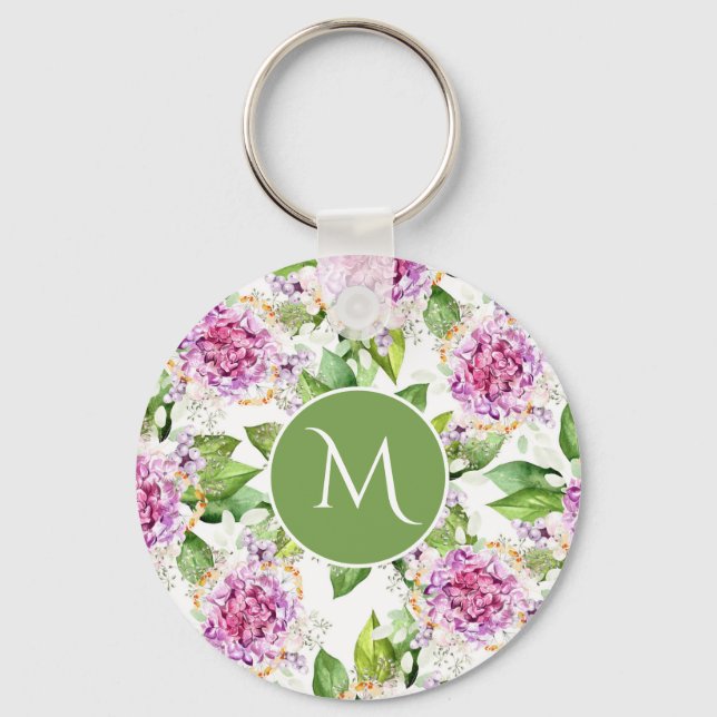 Monogram Pretty Purple Green Watercolor Floral Key Ring (Front)