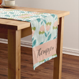 Monogram Pretty retro botanical with stripes blue Short Table Runner