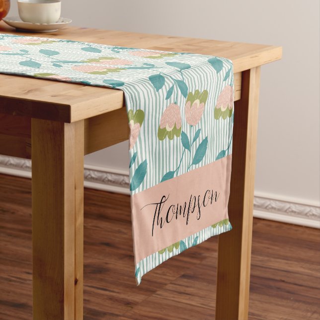 Monogram Pretty retro botanical with stripes blue Short Table Runner (In Situ)