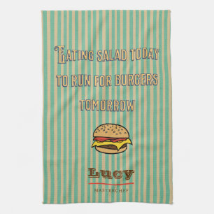 Monogram pretty retro pattern with cute hamburger tea towel