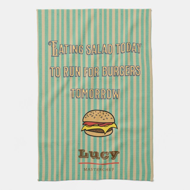 Monogram pretty retro pattern with cute hamburger tea towel (Vertical)
