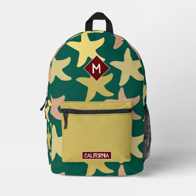 Monogram pretty starfish Green Beige Modern Printed Backpack (Front)