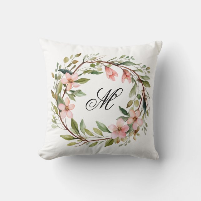 Monogram Pretty Twig and Wildflower Wreath Cushion (Front)