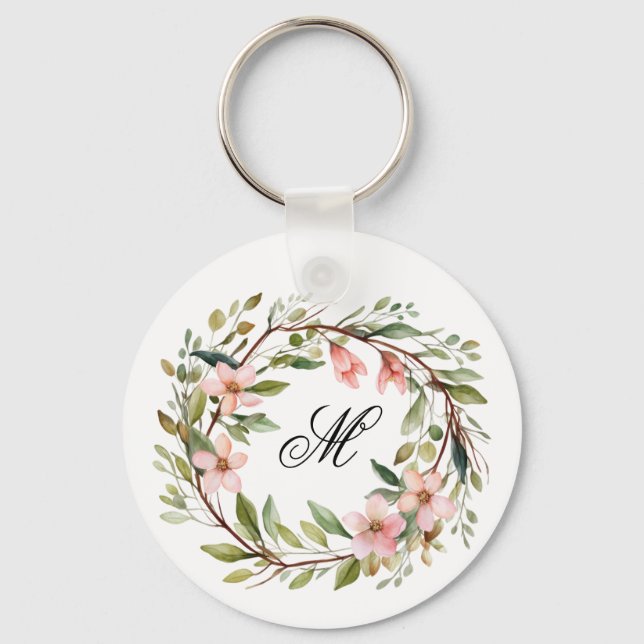 Monogram Pretty Twig and Wildflower Wreath Key Ring (Front)