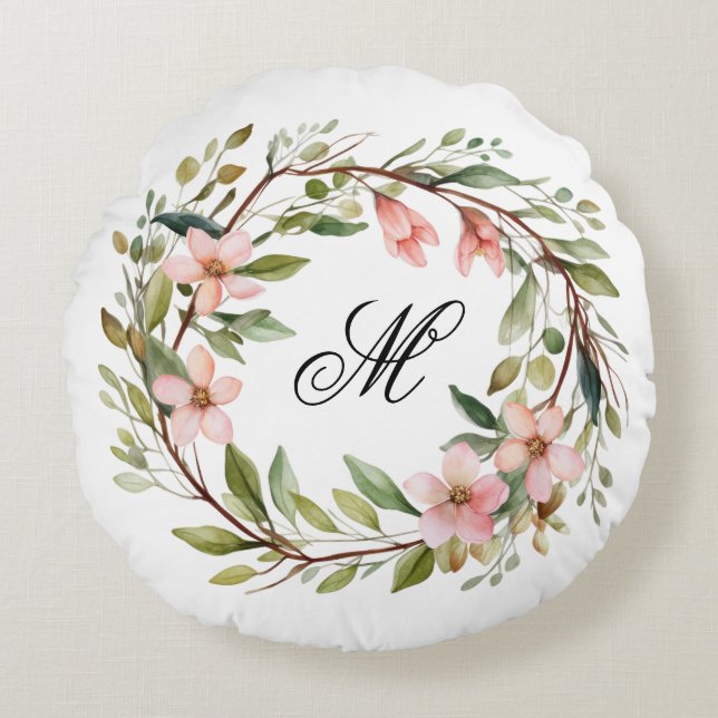 Monogram Pretty Twig and Wildflower Wreath Round Cushion (Front)