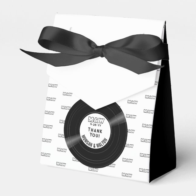 Monogram Print Elegant Vinyl Record Black & White Favour Box (Front Side)