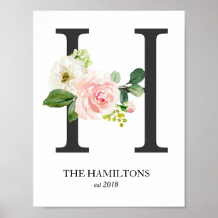 Monogram Print, Floral Letter H, Wedding, Nursery Poster