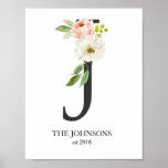 Monogram Print, Floral Letter J, Wedding, Nursery Poster<br><div class="desc">This beautiful rustic floral art print with the letter J and a customisable name makes a great wedding gift,  baby shower gift,  nursery art print and housewarming gift!</div>