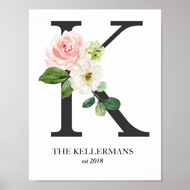 Monogram Print, Floral Letter K, Wedding, Nursery Poster (Front)