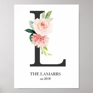 Monogram Print, Floral Letter L, Wedding , Nursery Poster
