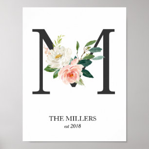 Monogram Print, Floral Letter M, Wedding, Nursery Poster