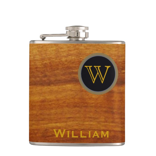monogram ~ printed wood texture hip flask (Front)