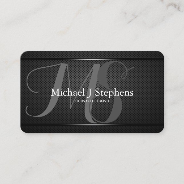 Monogram Professional Black Metal Textured Business Card (Front)