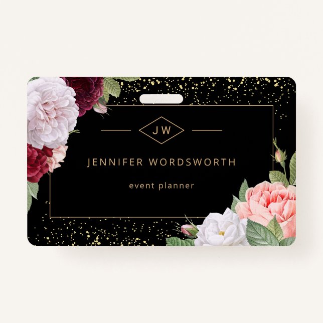 Monogram Professional Elegant Floral Rose Black ID Badge (Front)