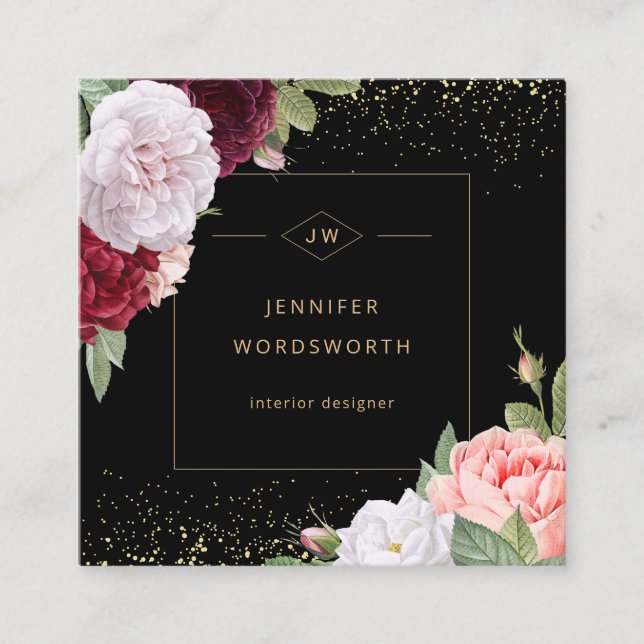 Monogram Professional Elegant Floral Rose Black Square Business Card (Front)