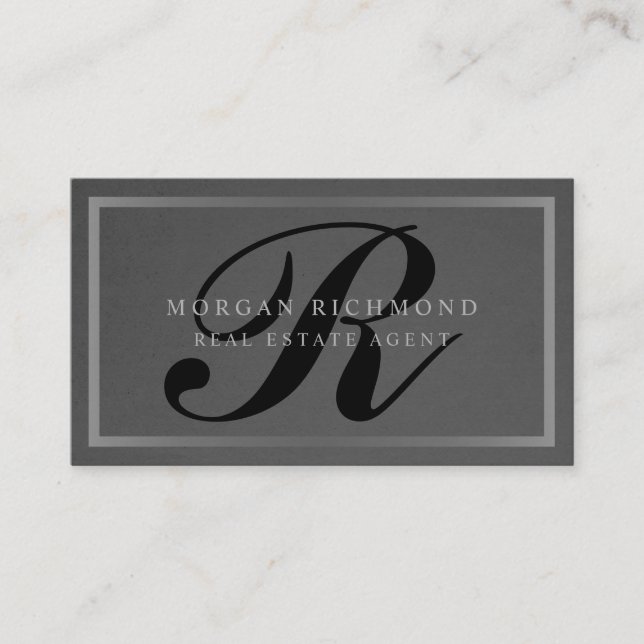 Monogram Professional Grey Silver Real Estate Business Card (Front)