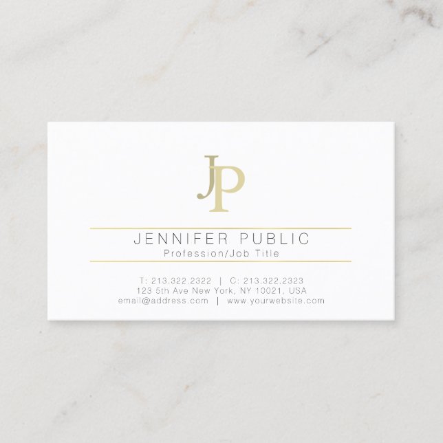 Monogram Professional Modern Elegant White Gold Business Card (Front)