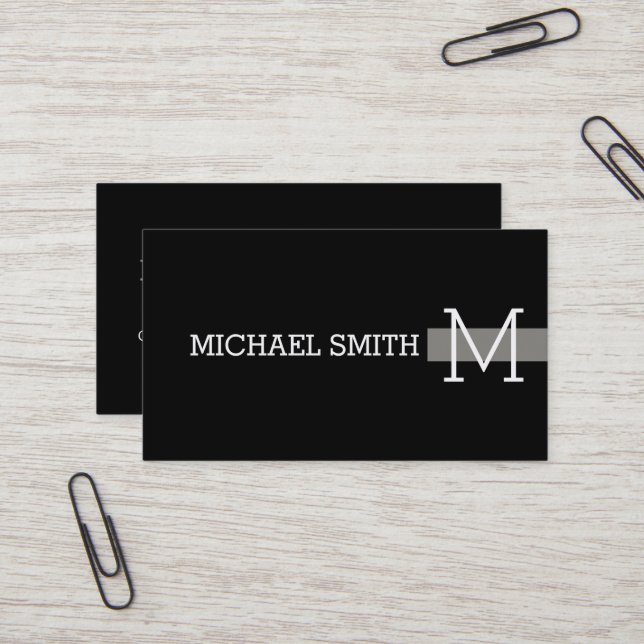 Monogram Professional Plain Black Modern Titanium Business Card (Front/Back In Situ)