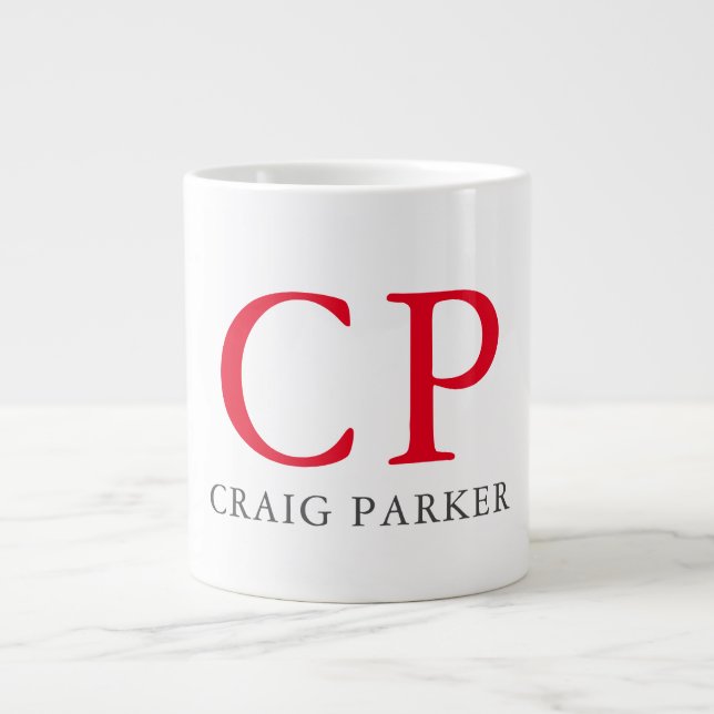 Monogram Professional Plain Red White Initials Large Coffee Mug (Front)