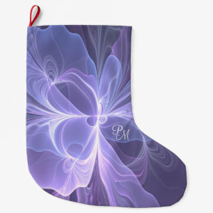 Monogram Purple Abstract Modern Fractal Large Christmas Stocking
