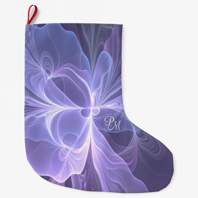 Monogram Purple Abstract Modern Fractal Large Christmas Stocking (Front)