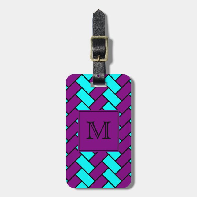 Monogram Purple and Aqua Herringbone Luggage Tag (Front Vertical)