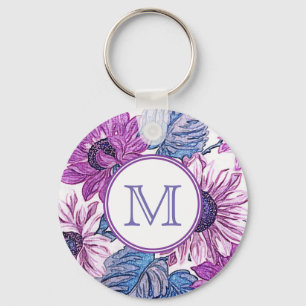 Monogram Purple and Blue Vintage Flower Art Key Ring