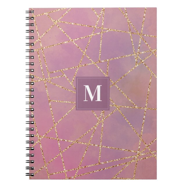 Monogram Purple and Gold Glitter Geometric Notebook (Front)