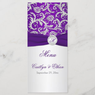 Monogram Purple and Silver Damask Menu Card