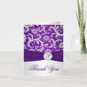 Monogram Purple and Silver Damask Thank You Card