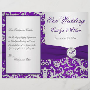 Monogram Purple and Silver Damask Wedding Program