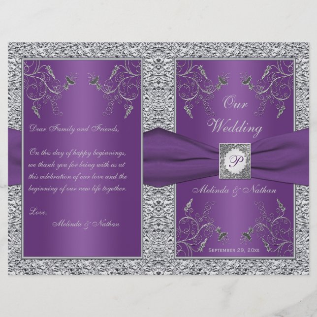 Monogram Purple and Silver Floral Wedding Program (Front)