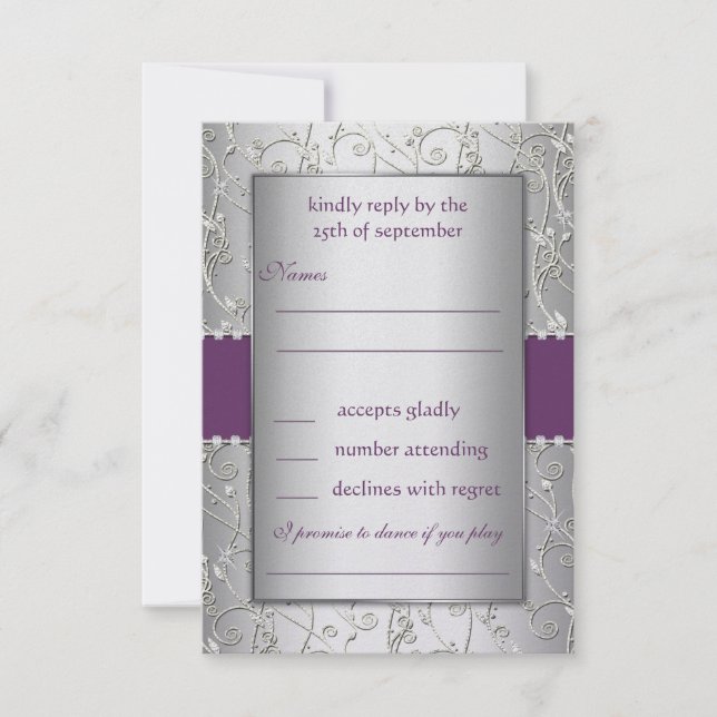 Monogram Purple and Silver Swirl Wedding RSVP Card (Front)