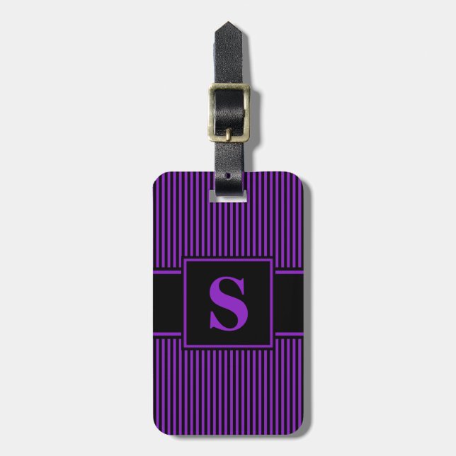 Monogram Purple Black Pinstripe Luggage Tag (Front Vertical)