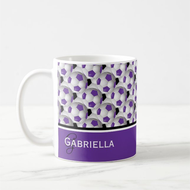 Monogram Purple Black Soccer Ball Pattern Coffee Mug (Left)