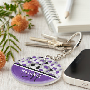 Monogram Purple Black Soccer Ball Pattern Key Ring