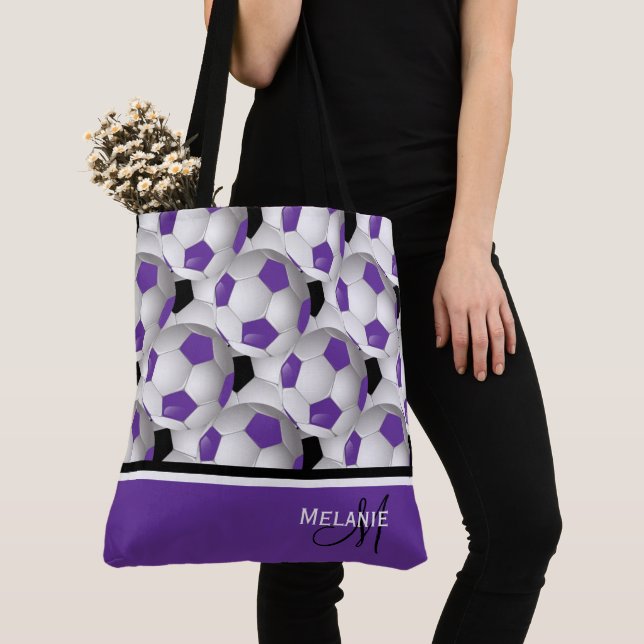 Monogram Purple Black Soccer Ball Pattern Tote Bag (Close Up)