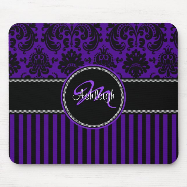 Monogram Purple Black White Stripe Damask Mousepad (Front)