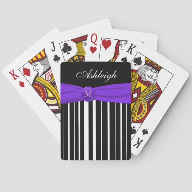 Monogram Purple Black White Striped Playing Cards (Back)