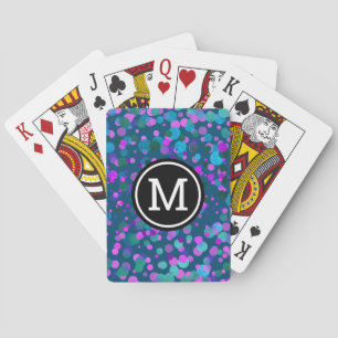 Monogram purple blue confetti dots on teal modern playing cards