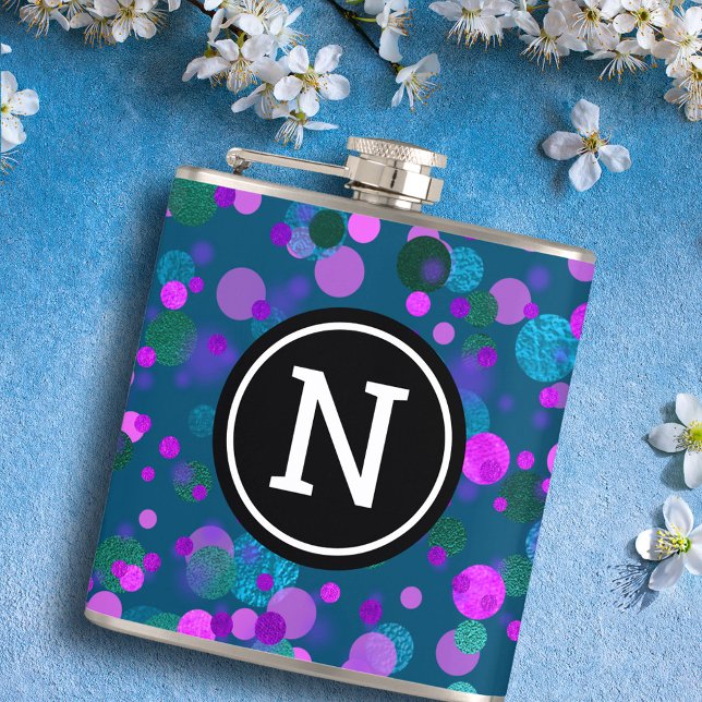 Monogram purple blue glitter confetti dots on teal hip flask (Creator Uploaded)