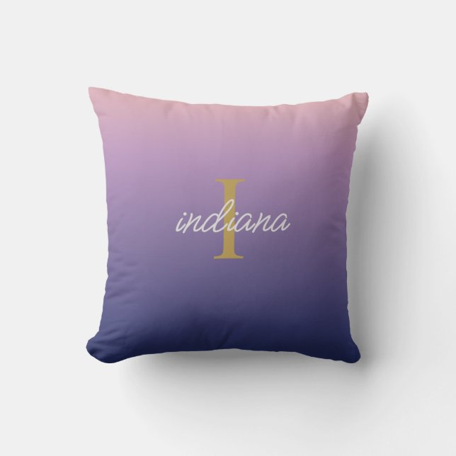 Monogram Purple Blue Ombre Stylish Script Name Cushion (Front)