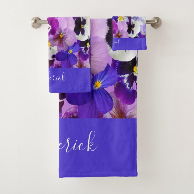 Monogram Purple Blue White Floral Pansy Flowers  Bath Towel Set (Insitu)