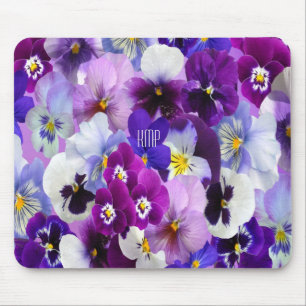 Monogram Purple Blue White Pansy Floral Flowers Mouse Mat