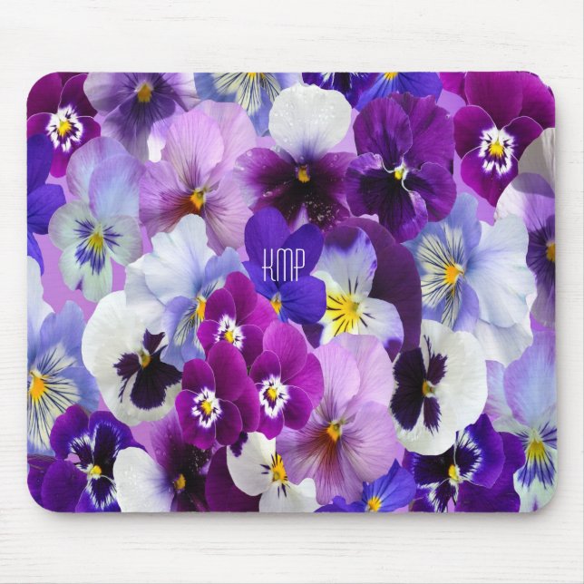 Monogram Purple Blue White Pansy Floral Flowers Mouse Mat (Front)