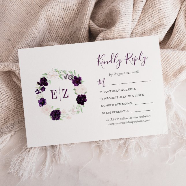 Monogram Purple Blush Floral Wreath Wedding RSVP Card (Creator Uploaded)