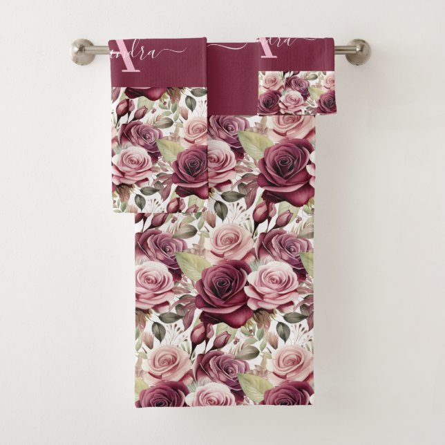 Monogram Purple Burgundy Pink Roses Towel Set (Insitu)