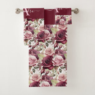 Monogram Purple Burgundy Pink Roses Towel Set
