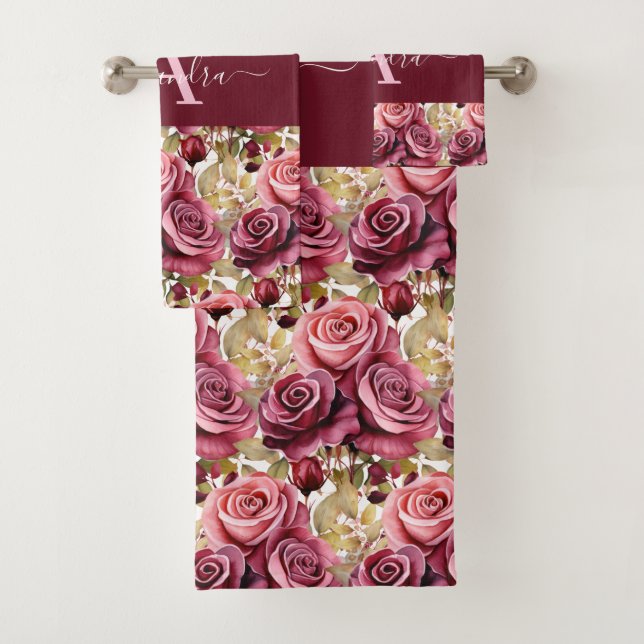 Monogram Purple Burgundy Pink Roses Towel Set (Insitu)
